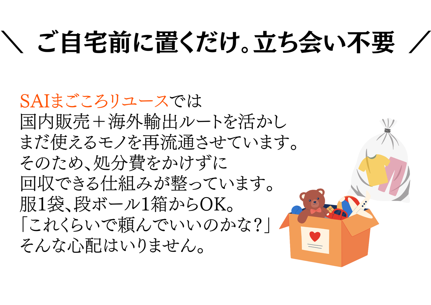 ご自宅前に置くだけ・立ち会い不要。国内販売＋海外輸出ルートで処分費をかけず回収、服1袋・段ボール1箱からOK