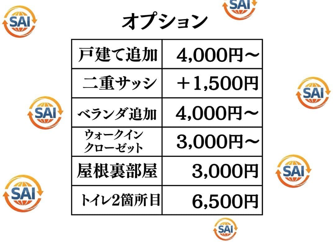 クリーニングのオプション料金：戸建て追加・二重サッシ・ベランダ追加・ウォークインクローゼット・屋根裏部屋・トイレ2箇所目の追加料金一覧