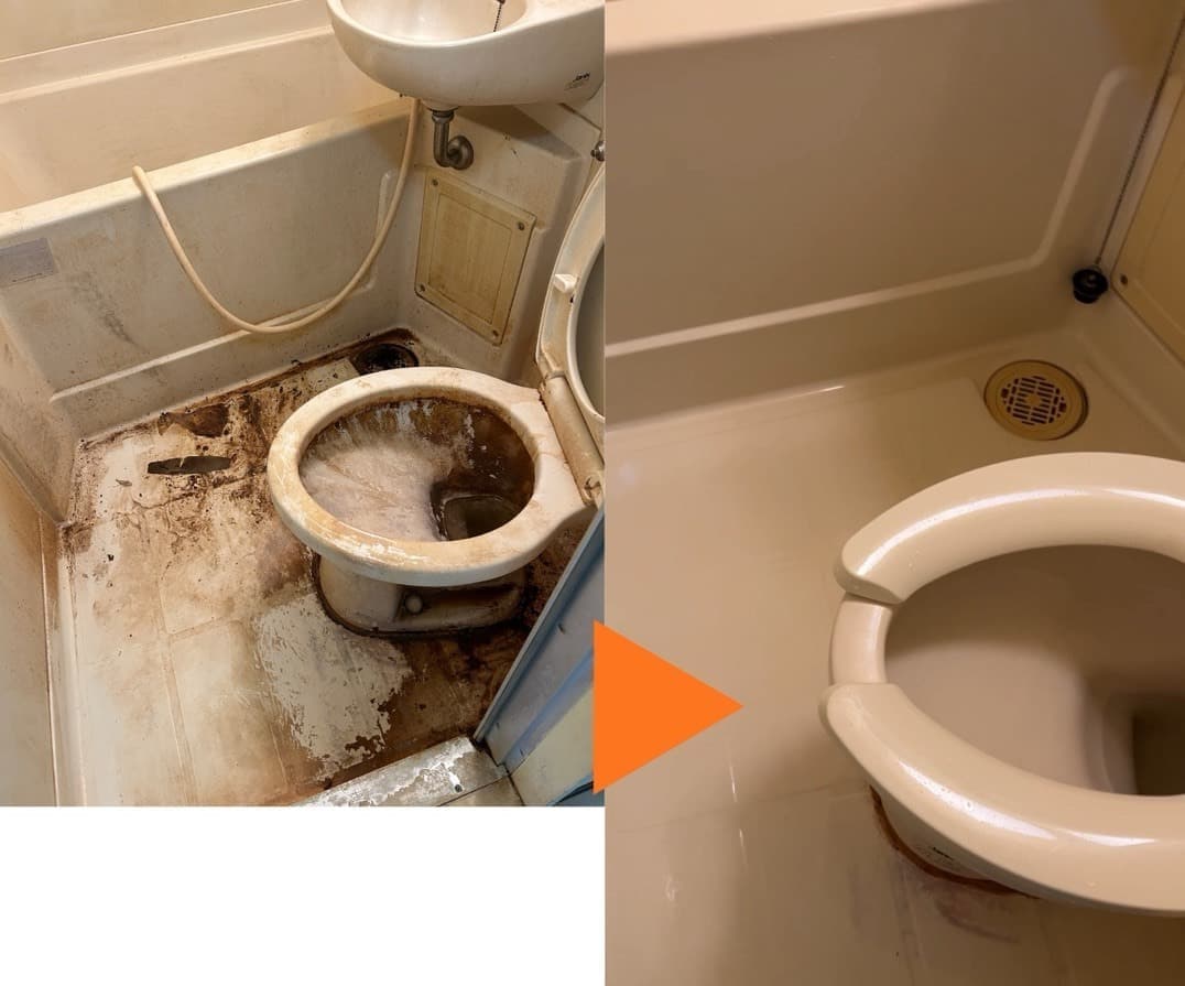 ハウスクリーニングの作業事例。浴室とトイレ床の汚れ除去のビフォーアフター写真